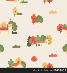 Autumn seamless pattern on a beige background. Warm colour scheme. Rural landscape, old buildings among autumn trees. Vector illustration.. Autumn seamless pattern on a light background. Village landscape. Vector illustration.