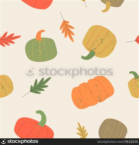 Autumn seamless pattern on a beige background. Warm colour scheme. Colorful ripe pumpkins and autumn leaves. Vector illustration.. Seamless pattern. Colorful ripe pumpkins. Vector illustration.
