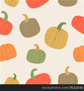 Autumn seamless pattern on a beige background. Warm colour scheme. Colorful ripe pumpkins. Vector illustration.. Seamless pattern. Colorful ripe pumpkins. Vector illustration.