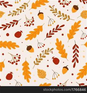 Autumn seamless pattern. Red or yellow dry fallen leaves, acorns, berries. Hand drawn foliage and fall forest nature elements vector background. Natural elements for fabric textile. Autumn seamless pattern. Red or yellow dry fallen leaves, acorns, berries. Hand drawn foliage and fall forest nature elements vector background