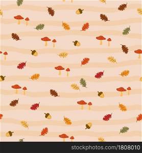 Autumn seamless pattern with acorns,oak leaves and mushrooms in orange,brown,green,beige and yellow,vector illustration