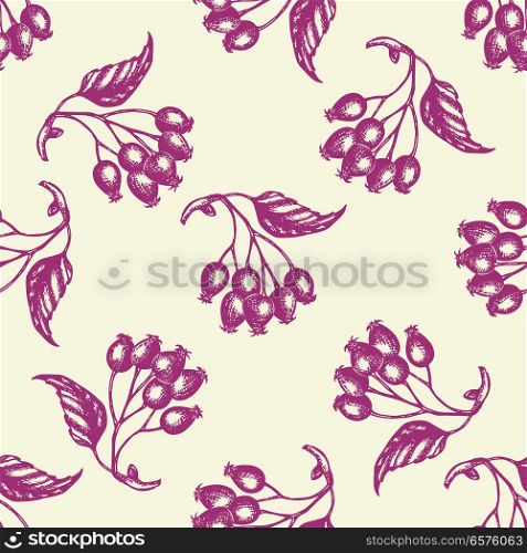 Autumn seamless pattern with berries and leaves. Hand drawn seasonal vector background in vintage style.