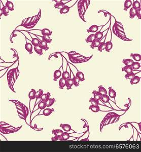 Autumn seamless pattern with berries and leaves. Hand drawn seasonal vector background in vintage style.
