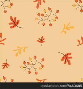 Autumn seamless pattern with cartoon oak leaves and rowan berries.Suitable for wallpaper,textiles,wrapping paper,web page background,postcards.Vector.
