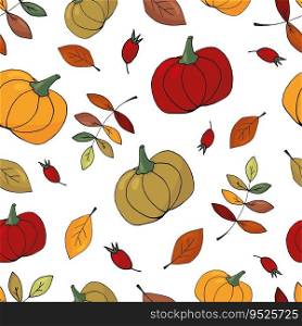 Autumn seamless pattern with colorful leaves and pumpkins on white background - seasonal package for Halloween or Thanksgiving