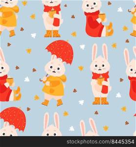 Autumn seamless pattern with cute rabbits. Cozy bunny in knitted clothes with cup of hot tea and in rubber boots, raincoat under an umbrella on blue background with autumn leaves. Vector illustration