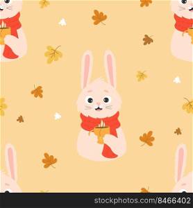 Autumn seamless pattern with funny rabbit in knitted scarf with cup of hot tea on light beige background with autumn leaves. Vector illustration. Cute baby collection, for design, decor, packaging 