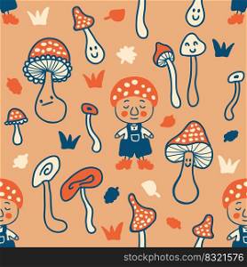 Autumn seamless pattern with gnomes and agaric mushrooms. Perfect childish print for tee, textile, paper and fabric. Hand drawn vector illustration for decor and design.