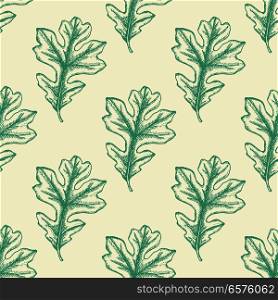 Autumn seamless pattern with green oak leaves. Hand drawn seasonal vector background in vintage style.