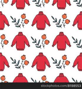Autumn seamless pattern with knitted sweaters, berries and leaves. Cozy fall background. Print with autumn or winter symbols for textiles, paper, packaging and design. Cute model with clothes vector illustration. Autumn seamless pattern with knitted sweaters, berries and leaves