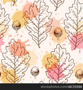 Autumn seamless pattern with oak leaves and acorns.