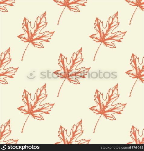 Autumn seamless pattern with orange maple leaves. Hand drawn seasonal vector background in vintage style.