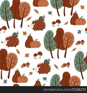Autumn seamless pattern with pumpkins, hedgehog, mushrooms, acorns, autumn leaves and trees. Vector illustration with fall season elements.