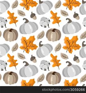 Autumn seamless pattern with pumpkins, leaves, acorn and cotton. Beautiful background for Thanksgiving Day.. Autumn seamless pattern with pumpkins, leaves, acorn and cotton. Beautiful background for Thanksgiving Day