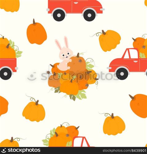Autumn seamless pattern with rabbit. Cute bunny with big pumpkin harvest and pumpkin retro truck on white background with vegetables. Vector illustration for design, decor, packaging and wallpaper