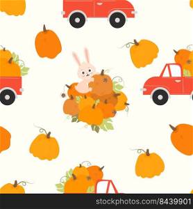 Autumn seamless pattern with rabbit. Cute bunny with big pumpkin harvest and pumpkin retro truck on white background with vegetables. Vector illustration for design, decor, packaging and wallpaper