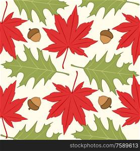 Autumn seamless pattern with red and green maple leaves. Seasonal vector background