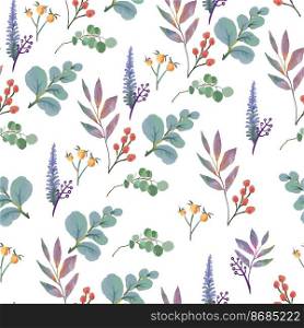 Autumn seamless pattern with rosehip berries, plants, leaves, acorns