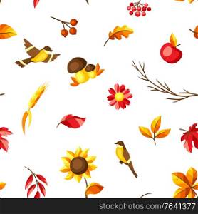 Autumn seamless pattern with seasonal leaves and items. Background of foliage and flowers.. Autumn seamless pattern with seasonal leaves and items.
