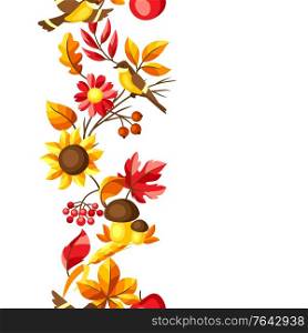 Autumn seamless pattern with seasonal leaves and items. Background of foliage and flowers.. Autumn seamless pattern with seasonal leaves and items.
