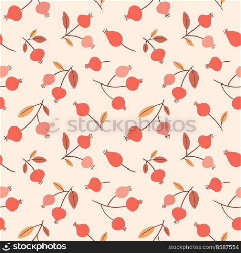 Autumn seamless pattern with stylized rose hips. Cute design for fabric, textile and autumn decor. Flat style pink background. Vector illustration.. Autumn seamless pattern with stylized rose hips. Cute design for fabric, textile and autumn decor.