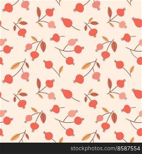 Autumn seamless pattern with stylized rose hips. Cute design for fabric, textile and autumn decor. Flat style pink background. Vector illustration.. Autumn seamless pattern with stylized rose hips. Cute design for fabric, textile and autumn decor.