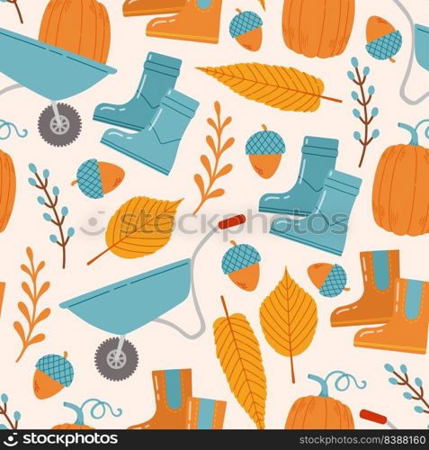 Autumn seamless pattern with wheelbaarows, pumpkins, leaves and branches vector illustration