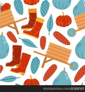 Autumn seamless pattern with wheelbaarows, pumpkins, leaves and branches vector illustration