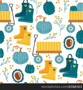 Autumn seamless pattern with wheelbaarows, pumpkins, leaves and branches vector illustration