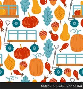Autumn seamless pattern with wheelbaarows, pumpkins, leaves and branches vector illustration