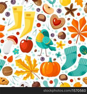 Autumn seamless pattern. Yellow orange leaves, pumpkins and nuts, bright repeated elements fall holidays, creative design textile, wrapping paper, wallpaper vector texture on white background. Autumn seamless pattern. Yellow leaves, pumpkins and nuts, bright repeated elements fall holidays, creative design textile, wrapping paper, wallpaper vector texture