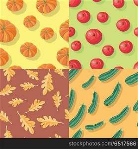 Autumn Seamless Patterns. Fall Endless Textures. Set of autumn seamless patterns. Endless textures of colorful pumpkins, red apples on green, oak tree leaves and vegetable marrow courgette or zucchini. Collection of fall backgrounds. Vector