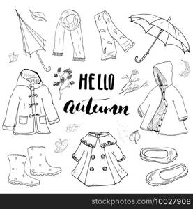 Autumn season clothes set. Hand drawn doodles and lettering vector illustration. Autumn season clothes set. Hand drawn doodles and lettering vector illustration.