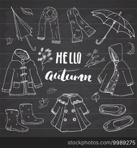 Autumn season clothes set. Hand drawn doodles and lettering vector illustration. Autumn season clothes set. Hand drawn doodles and lettering vector illustration.
