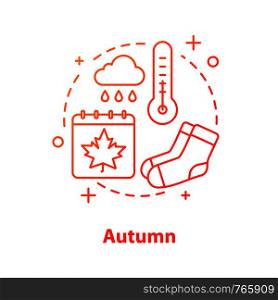 Autumn season concept icon. Rain idea thin line illustration. Thermometer, socks, calendar. Rainy weather. Vector isolated outline drawing. Autumn season concept icon