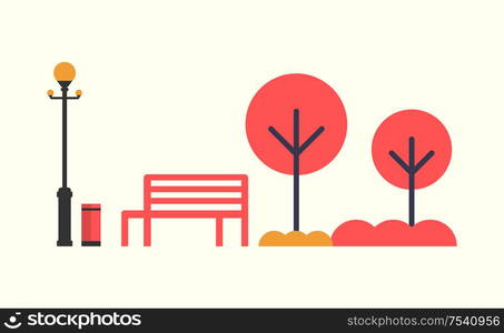 Autumn season empty bench, red color trees, orange grass, street lantern lamp and bin. Vector illustration of elements of fall park isolated on white. Autumn Season Empty Bench, Red Color Trees, Lamp