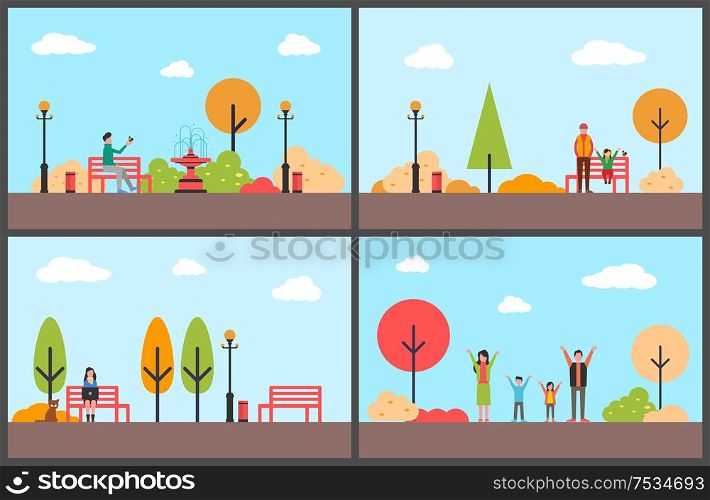 Autumn season, fall park with relaxing people vector. Family of mother, father and children fun, woman working on laptop, freelancer distant worker. Autumn Season, Fall Park with Relaxing People