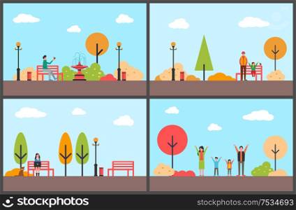 Autumn season, fall park with relaxing people vector. Family of mother, father and children fun, woman working on laptop, freelancer distant worker. Autumn Season, Fall Park with Relaxing People