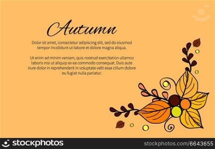 Autumn season greeting card composition decorated by bouquet made of leaves and beads, fall foliage decorative elements isolated on beige background. Autumn Season Greeting Card Composition Decorated