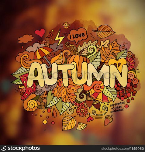 Autumn season hand lettering and doodles elements and symbols emblem. Vector blurred background. Autumn season hand lettering and doodles elements