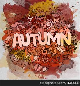 Autumn season hand lettering and doodles elements and symbols emblem. Vector watercolor stains background. Autumn season hand lettering and doodles elements