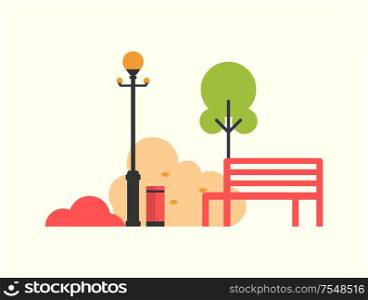 Autumn season icons, bench and tree, street lamp and bin. Color bush and wooden seat isolated on white. Vector fall objects from park, multicolor plants. Autumn Season Icons, Bench and Tree, Street Lamp