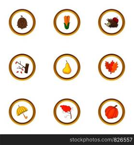 Autumn season icons set. Cartoon style set of 9 autumn season vector icons for web design. Autumn season icons set, cartoon style