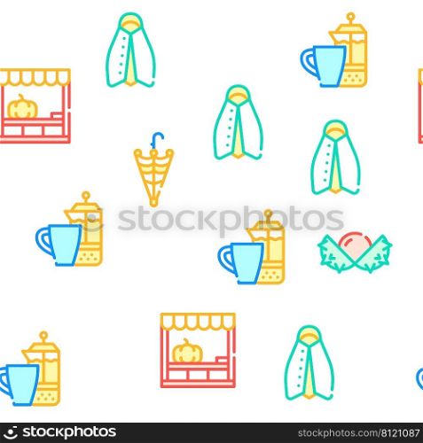 Autumn Season Objects Collection Vector Seamless Pattern Color Line Illustration. Autumn Season Objects Collection Icons Set Vector