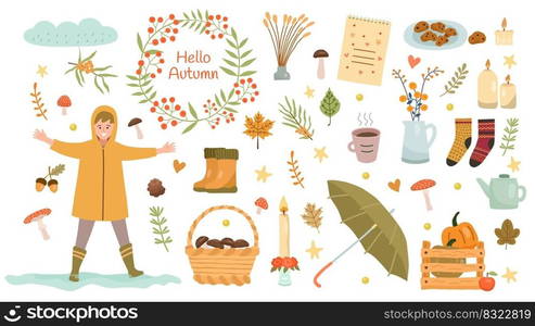 Autumn season. Orange forest foliage. Farmer harvest. Pumpkin and socks clothed. Farm fall products. Yellow leaves herbarium. Happy woman in warm coat. Seasonal collection. Vector flat illustration. Autumn season. Orange forest foliage. Farmer harvest. Pumpkin and socks clothed. Farm fall products. Leaves herbarium. Woman in warm coat. Seasonal collection. Vector flat illustration