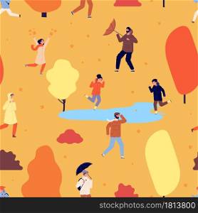Autumn season pattern. People walking in park, fall time illustration. Flying leaves, happy children and adults with umbrella vector seamless texture. Illustration autumn park, people pattern. Autumn season pattern. People walking in park, fall time illustration. Flying leaves, happy children and adults with umbrella vector seamless texture