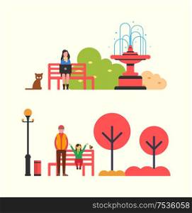 Autumn season scenery with people in flat style. Woman sitting on bench with laptop, father and daughter resting in park. Vector trees, fountain and bin, street lamp. Autumn Season Scenery with People in Flat Style