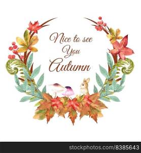 Autumn season wreath frame with leaves and animal. Autumn greetings cards perfect for print ,invitation, template , creative watercolor vector illustration design