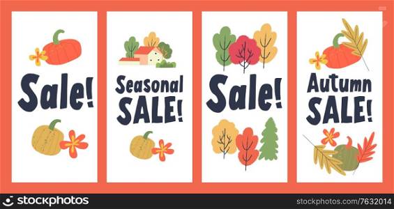 Autumn seasonal sale. A set of posters on a white background. Colorful autumn leaves, colorful pumpkins, a village house among autumn trees.