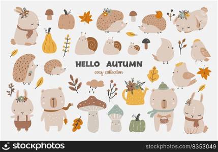 Autumn set, autumn clip art, collection of design elements with leaves, pumpkins, cute animals, mushrooms and others. Hand drawn childish vector illustration.. Autumn set, autumn clip art, collection of design elements with leaves, pumpkins, cute animals, mushrooms and others. Hand drawn childish vector illustration